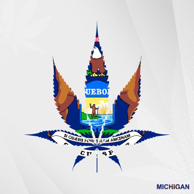 michgian flag with cannabis leaf