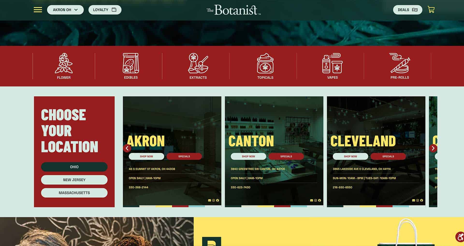 Screenshot of The Botanist website showing options to choose your location, with highlighted Ohio cities Akron, Canton, and Cleveland. The Botanist menu icons include flower, edibles, extracts, topicals, vapes, and pre-rolls.