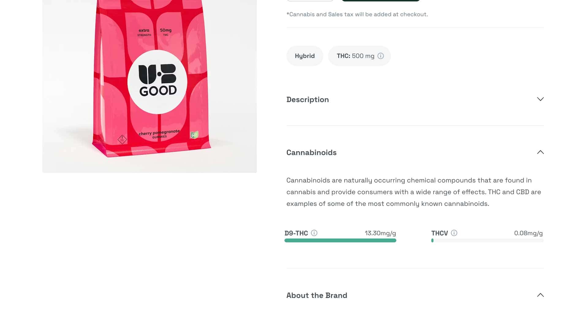 A pink bag labeled U BE GOOD from The Botanist is shown on a website displaying THC content, hybrid type, and cannabinoid details. A cannabinoid chart lists 53.09mg/g D9-THC and 0.36mg/g THCV. Description text is partially visible.