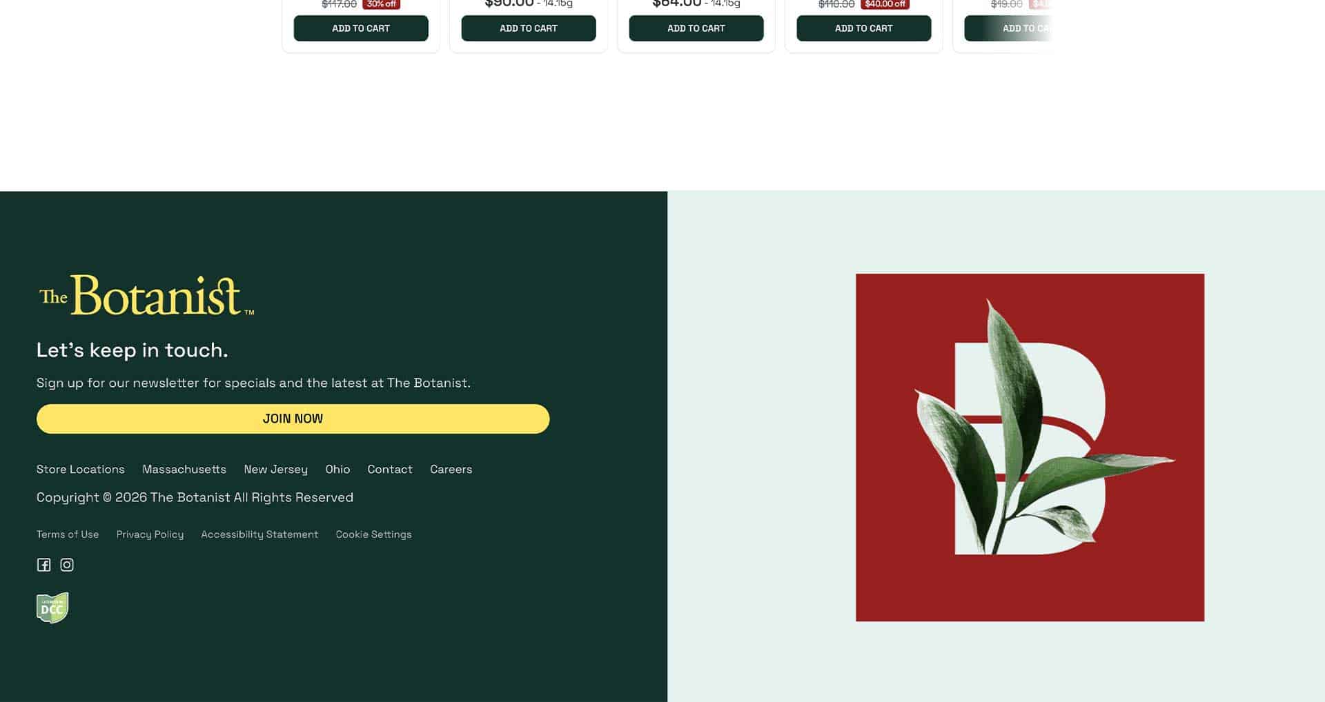 The Botanist logo featuring a plant overlay on a vivid red background is displayed prominently next to The Botanist’s newsletter signup form, accompanied by footer links for store locations and policies.
