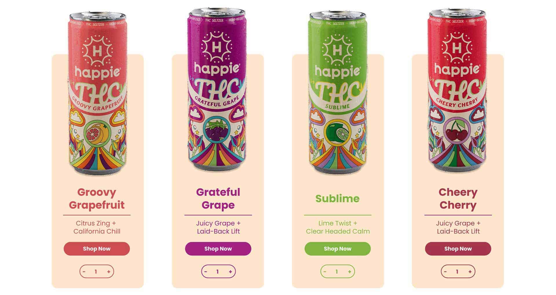 Four tall cans of Happie THC drinks in Groovy Grapefruit, Grateful Grape, Sublime, and Cheery Cherry flavors—each featuring colorful psychedelic labels reminiscent of the Gentlemen Smugglers era, with vibrant product descriptions underneath.