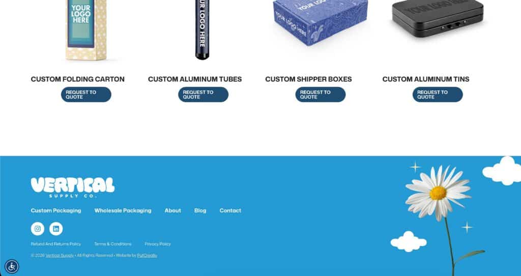 Website page showing packaging options: folding carton, aluminum tubes, shipper boxes, and aluminum tins, each with a Request to Quote button. The footer features the Vertical Supply Co. logo and a blue background with a cartoon daisy, ensuring visitors instantly recognize the Vertical Supply Co brand while exploring premium packaging solutions.