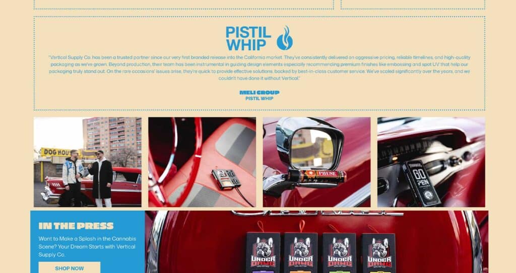 A collage shows a man in a cap near a red car, close-ups of a dashboard and keys, and several packs of Uncle Arnies drinks on a car trunk. Text highlights Pistil Whip, Vertical Supply Co., and a press section at the bottom.